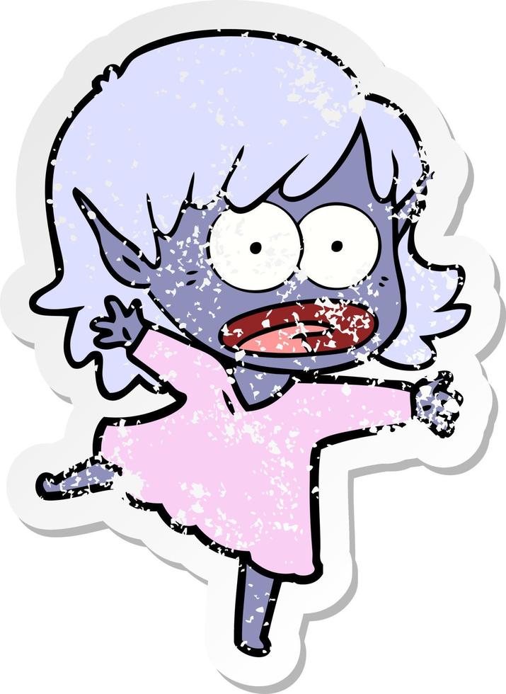 distressed sticker of a cartoon shocked elf girl vector