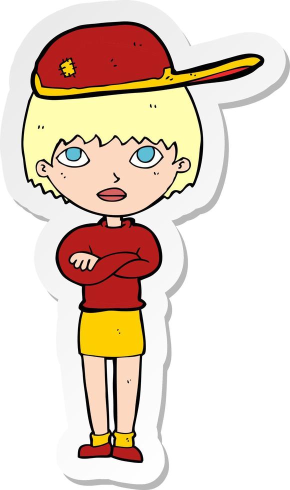 sticker of a cartoon woman wearing cap vector