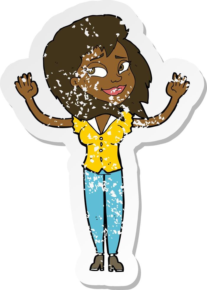 retro distressed sticker of a cartoon woman giving up vector