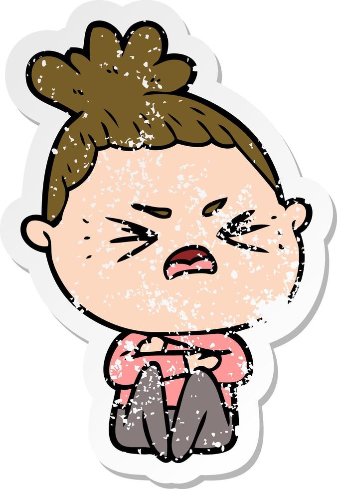 distressed sticker of a cartoon angry woman vector