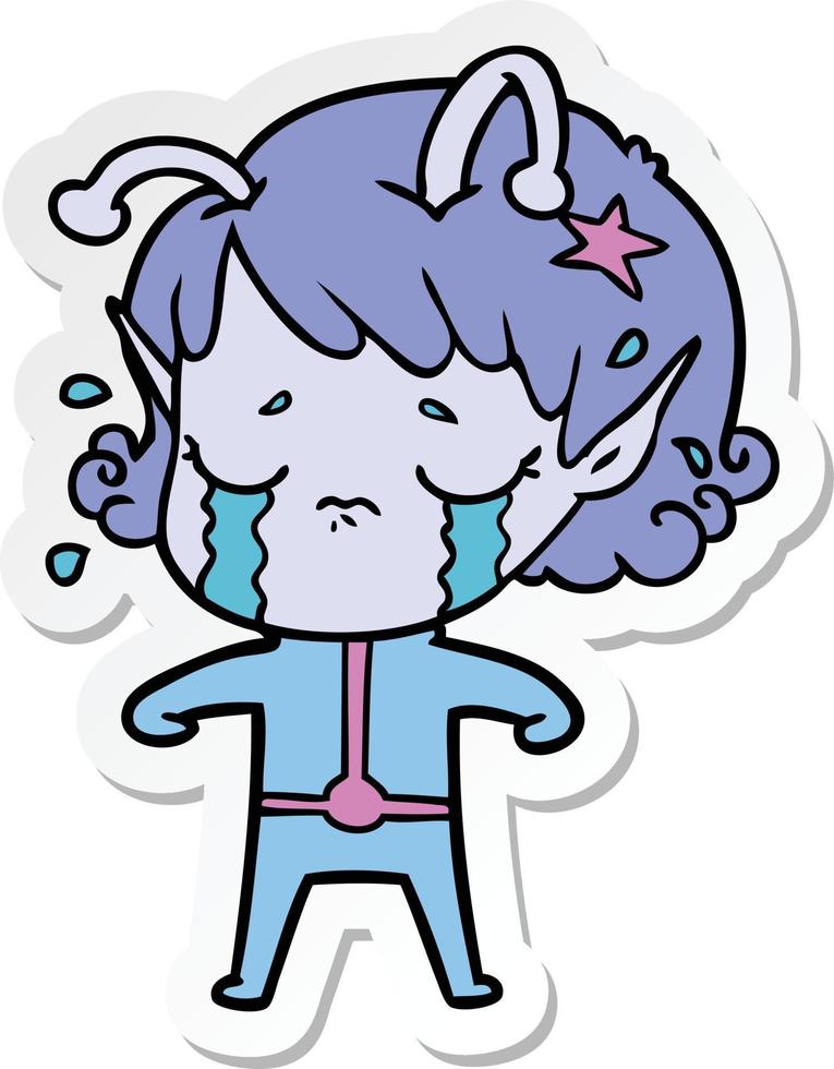 sticker of a cartoon crying alien girl vector