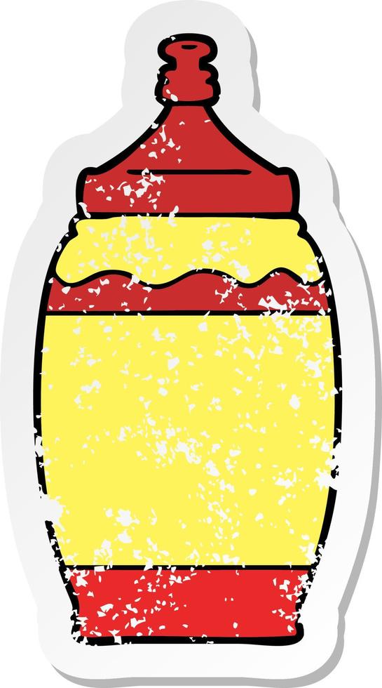 distressed sticker of a cartoon ketchup bottle vector