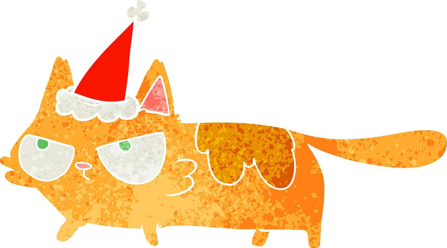 retro cartoon of a angry cat wearing santa hat vector