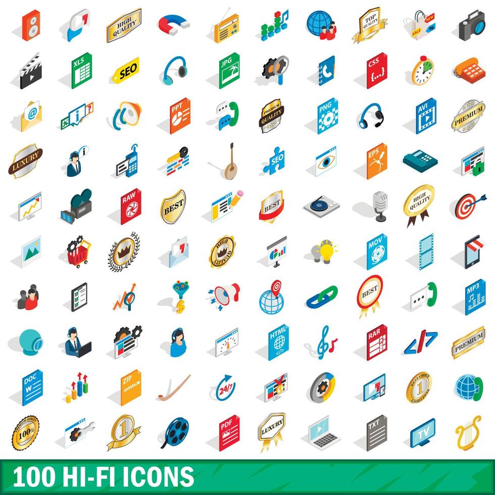 100 hi-fi icons set, isometric 3d style vector