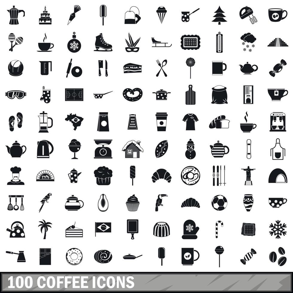 100 coffee icons set, simple style vector