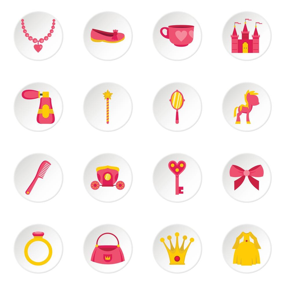 Doll princess items icons set in flat style vector