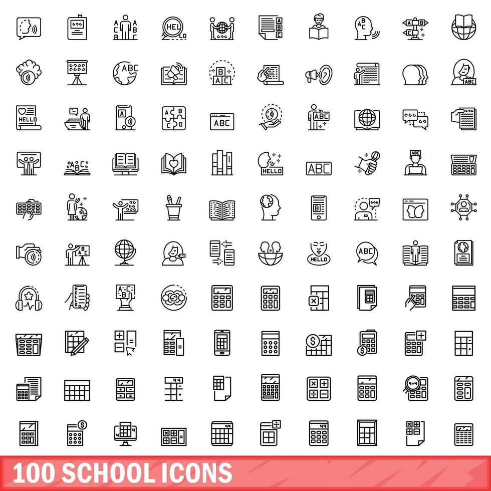100 school icons set, outline style vector