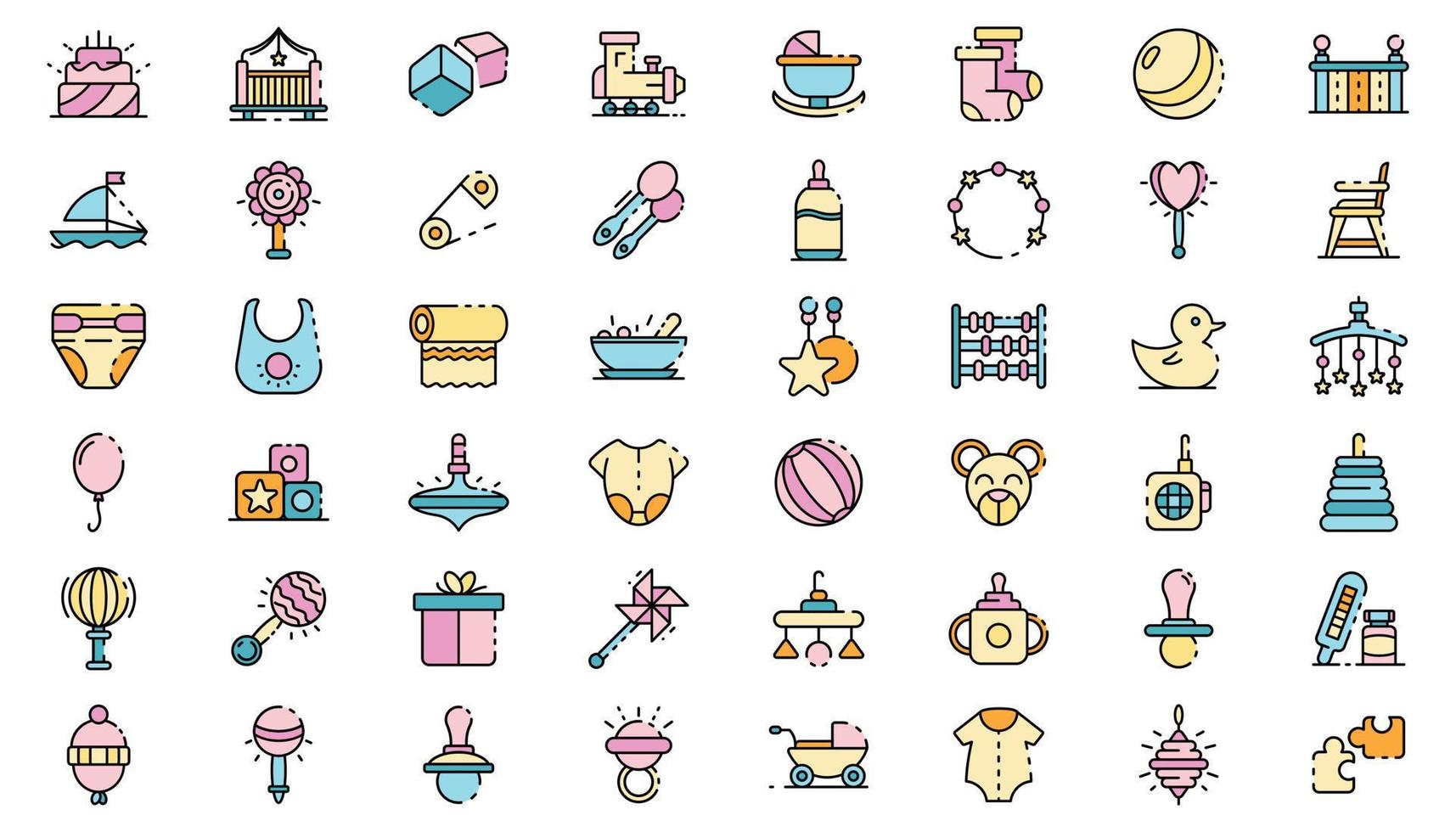 Baby items icons set line color vector