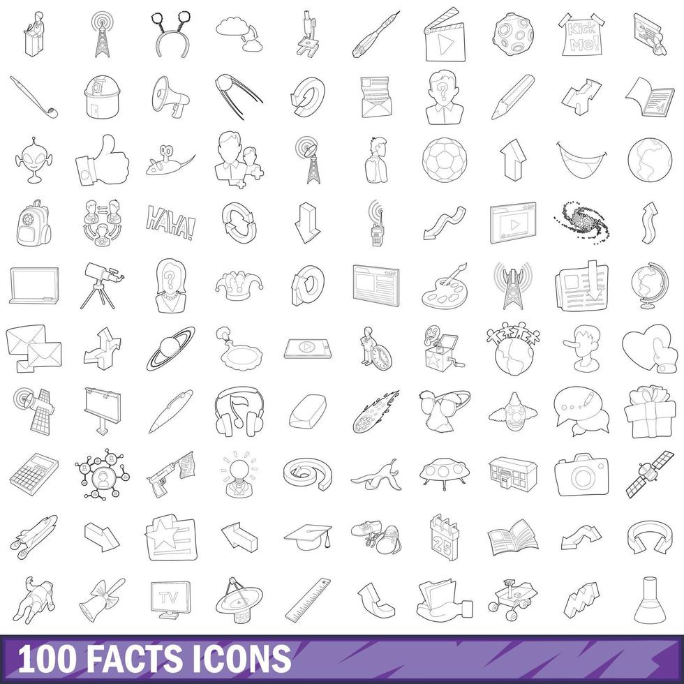 Conjunto de iconos de 100 hechos, estilo de esquema vector