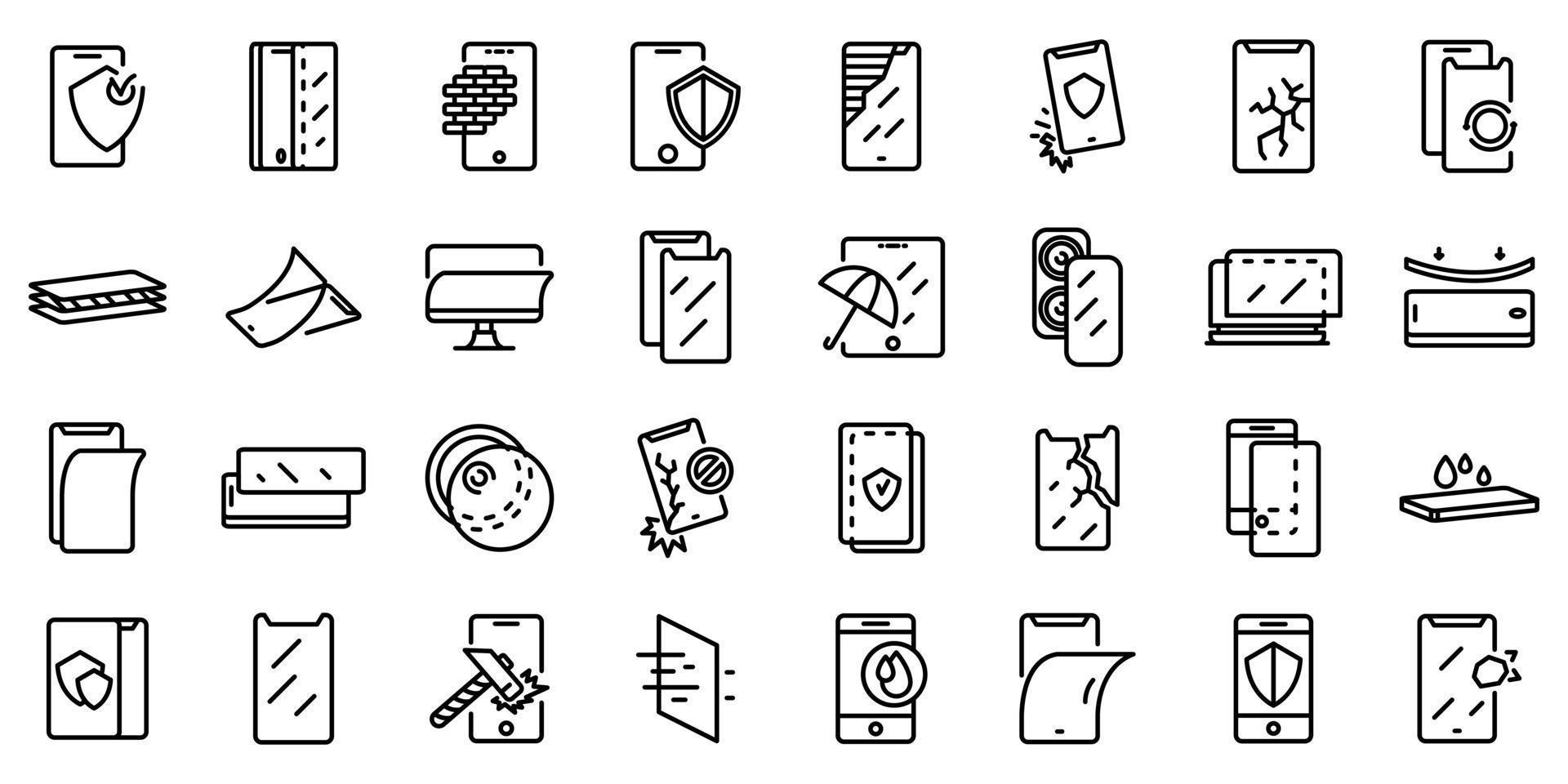 Protective glass icons set, outline style vector