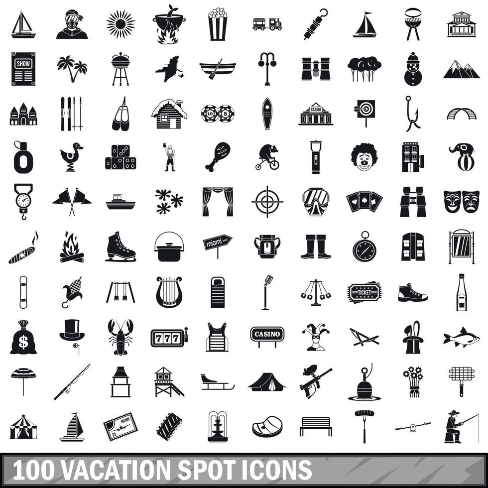 100 vacation spot icons set, simple style vector