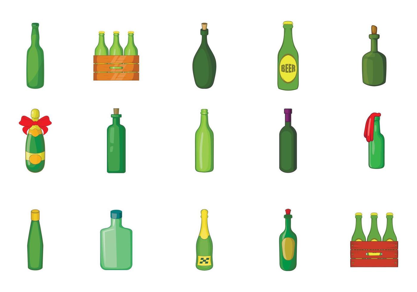 Green bottle icon set, cartoon style vector