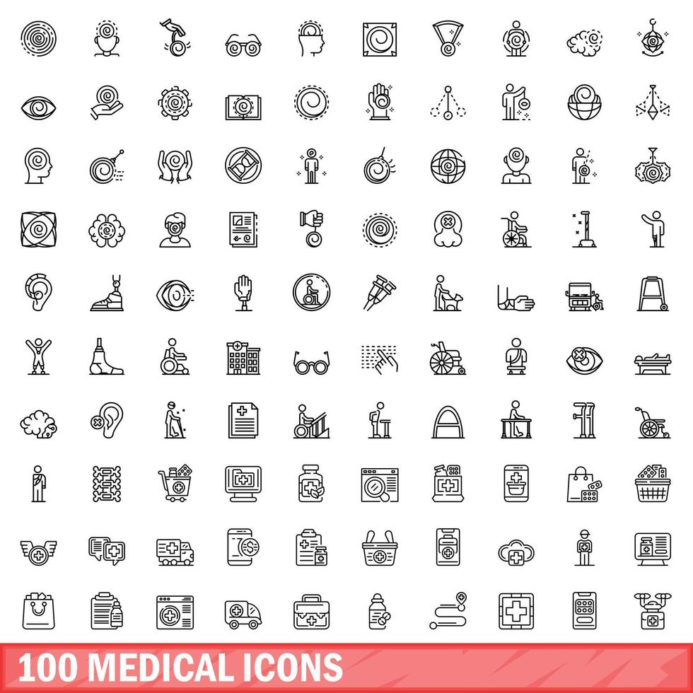 100 medical icons set, outline style vector