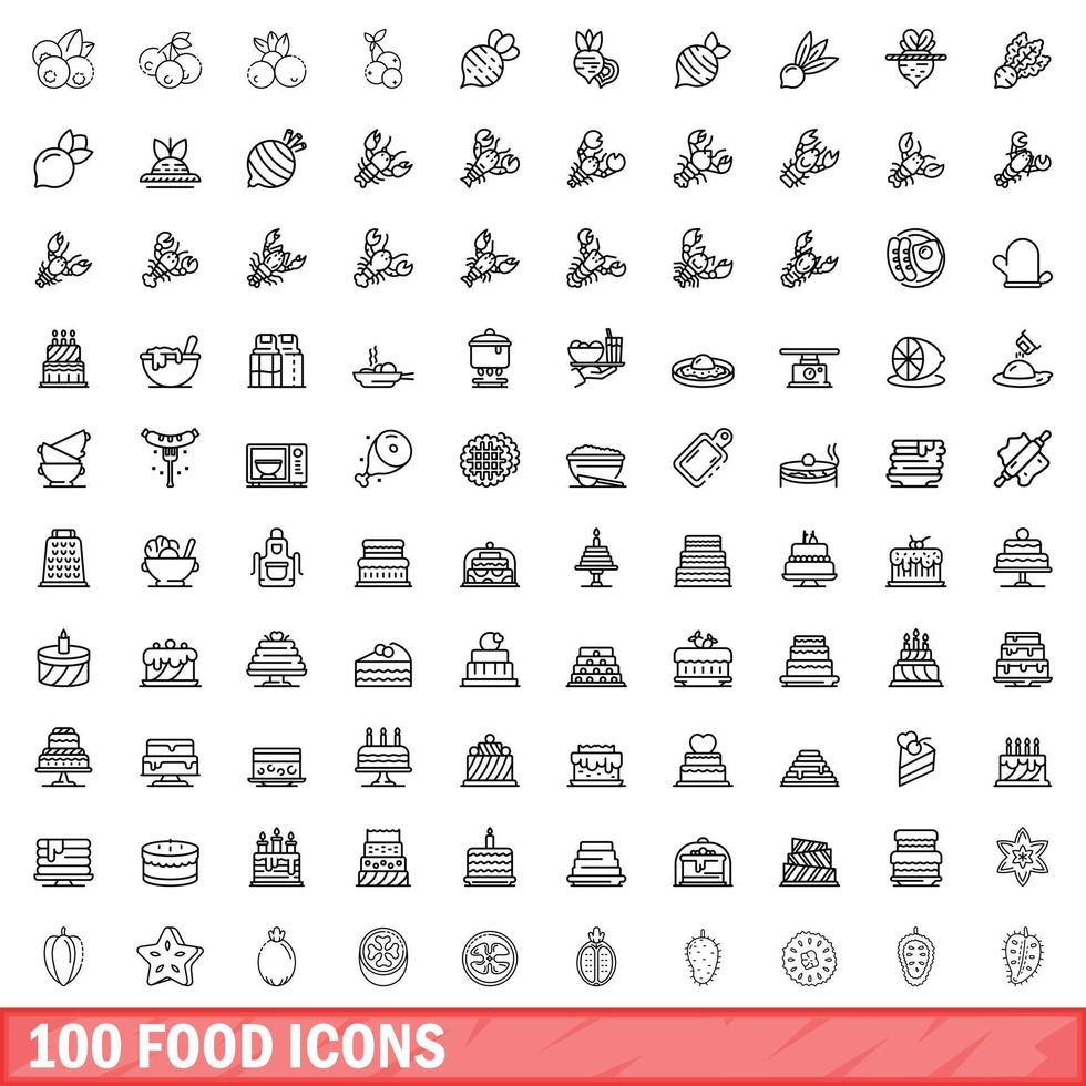 100 food icons set, outline style vector