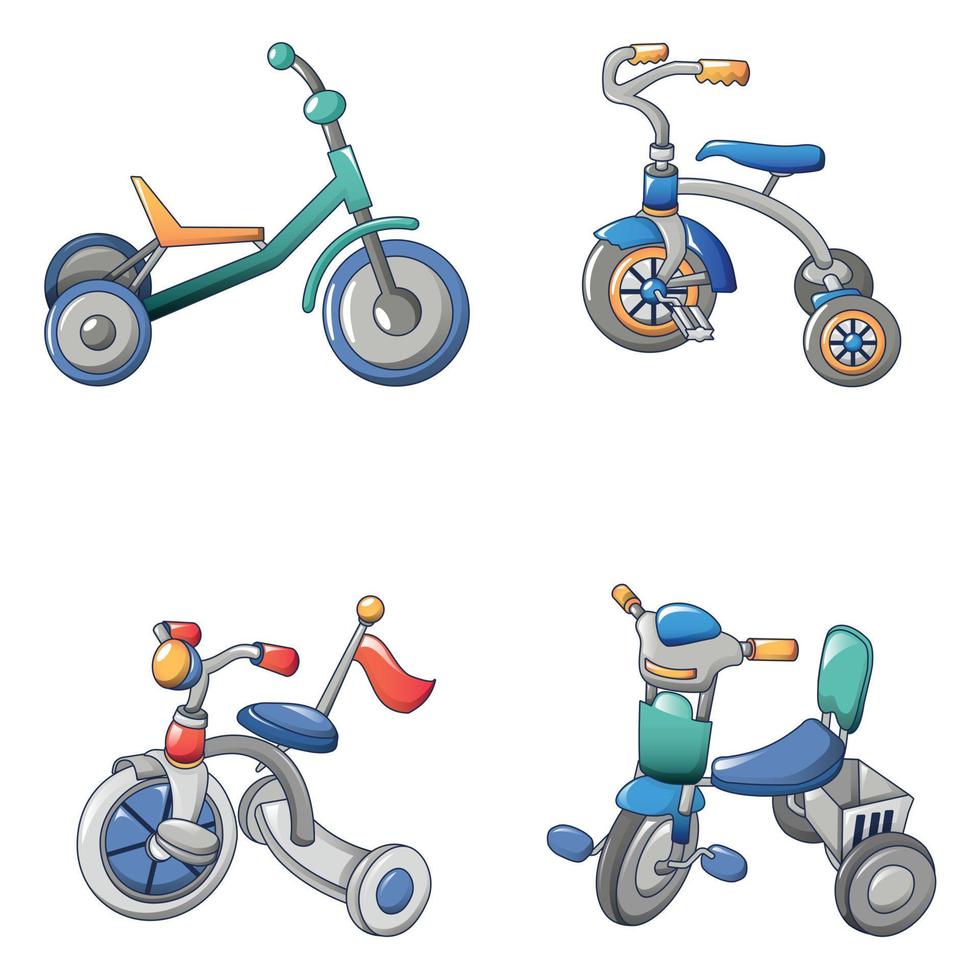 Triciclo bicicleta bicicleta conjunto de iconos, estilo de dibujos animados vector