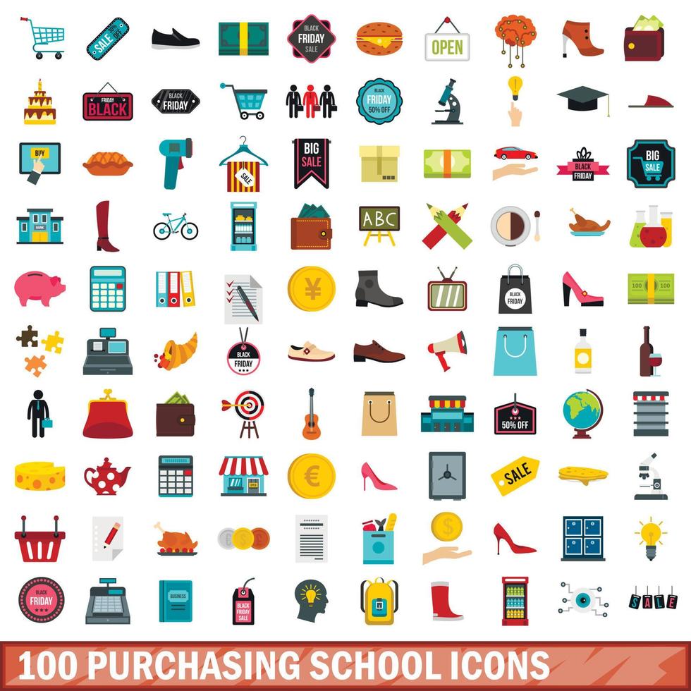 100 purchasing school icons set, flat style vector