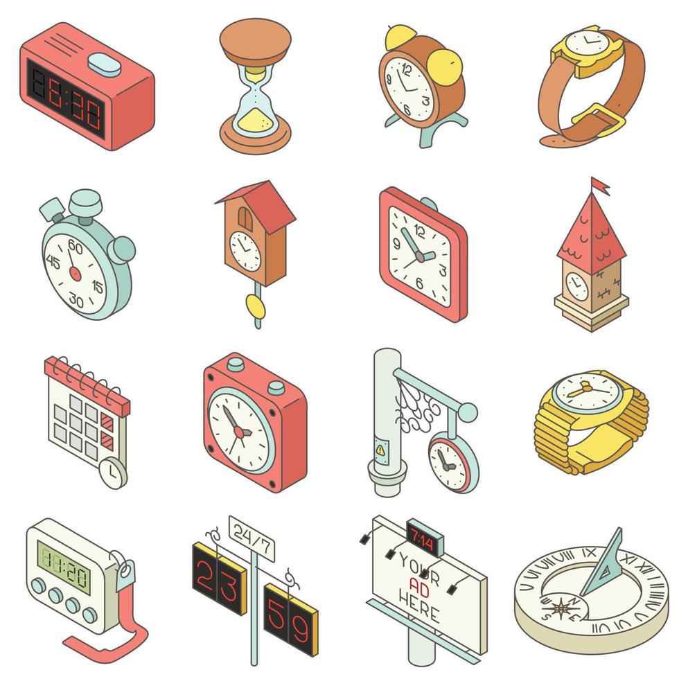 conjunto de iconos de tiempo y reloj, estilo isométrico vector