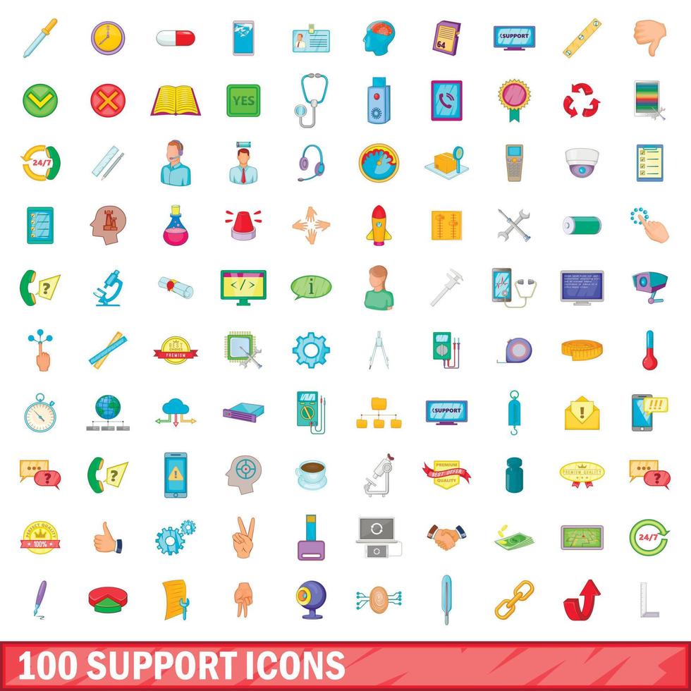 100 iconos de soporte, estilo de dibujos animados vector