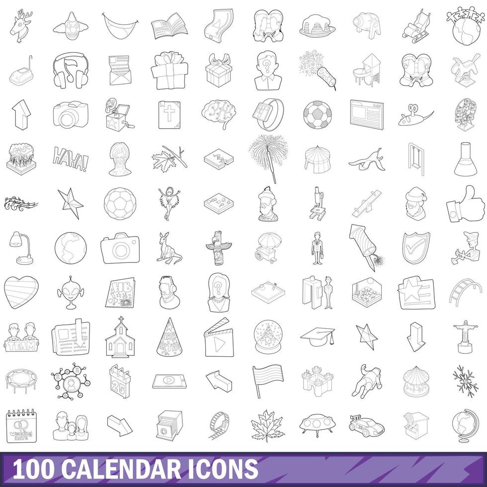 100 calendar icons set, outline style vector