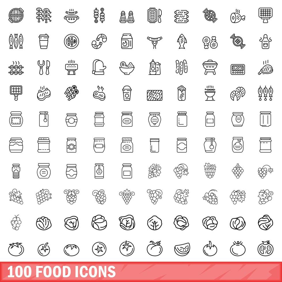 100 iconos de alimentos, estilo de esquema vector