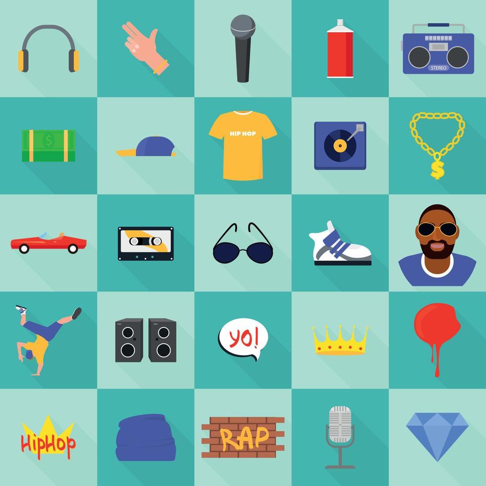 Hiphop icons set, flat style vector