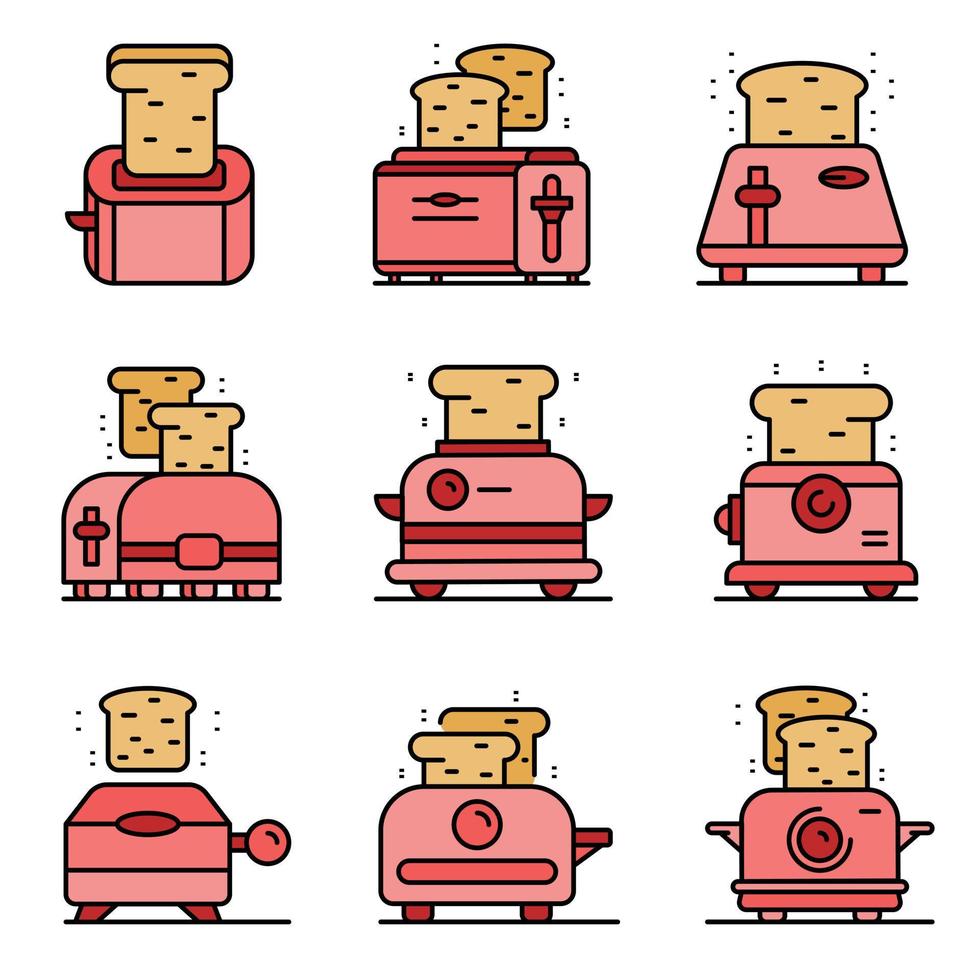 iconos de tostadora establecer vector de color de línea