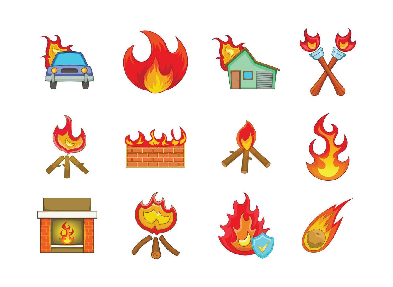 Fire icon set, cartoon style vector