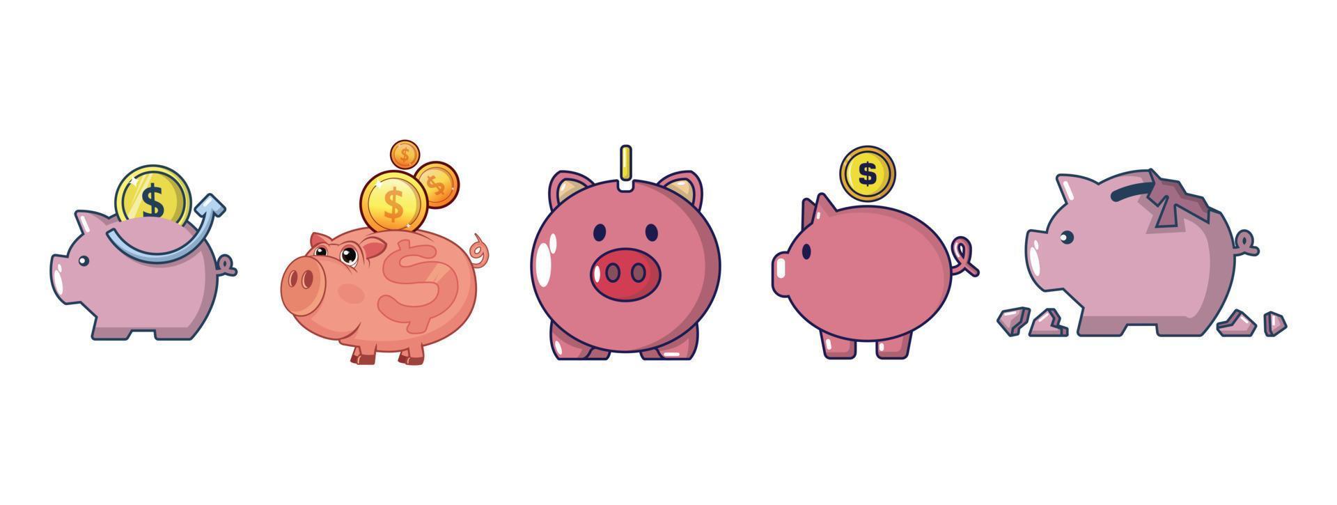 Piggy bank icon set, cartoon style vector