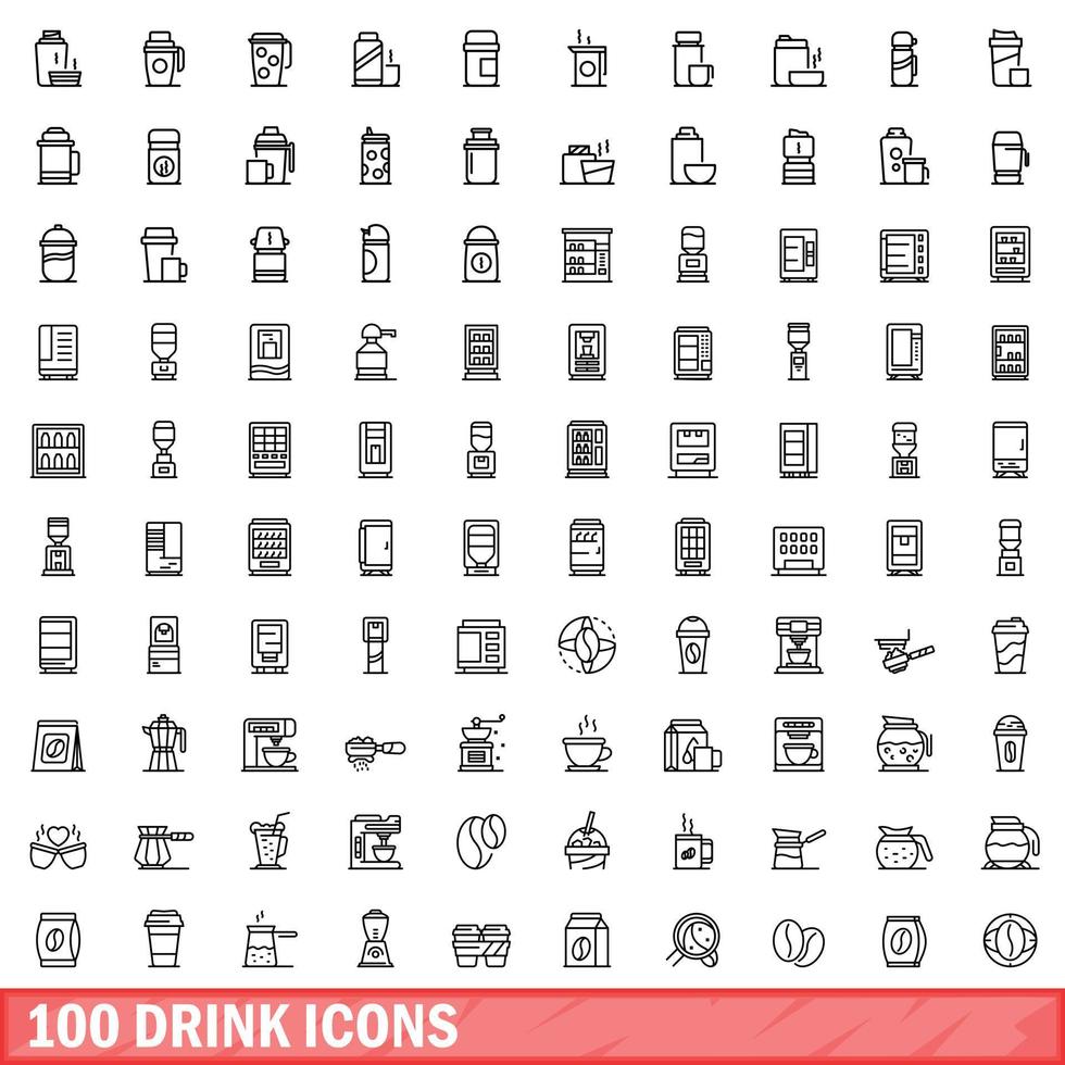 100 drink icons set, outline style vector