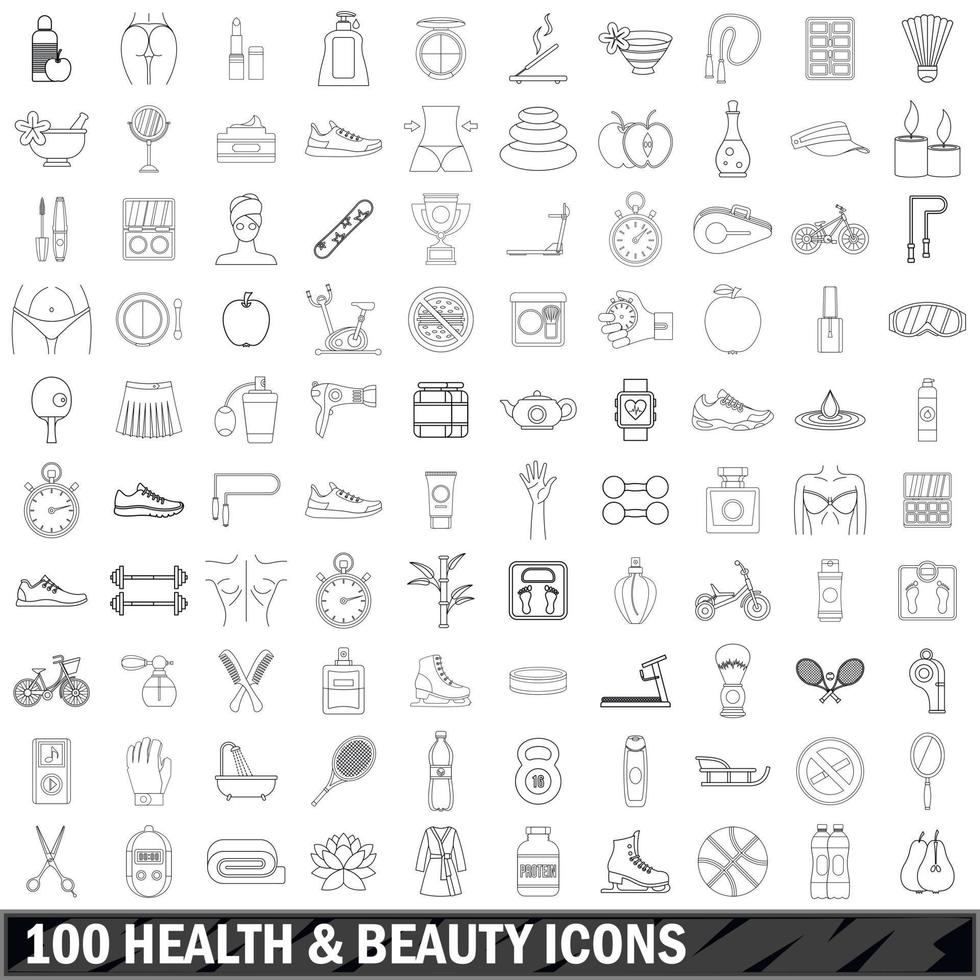 100 health and beauty icons set, outline style vector