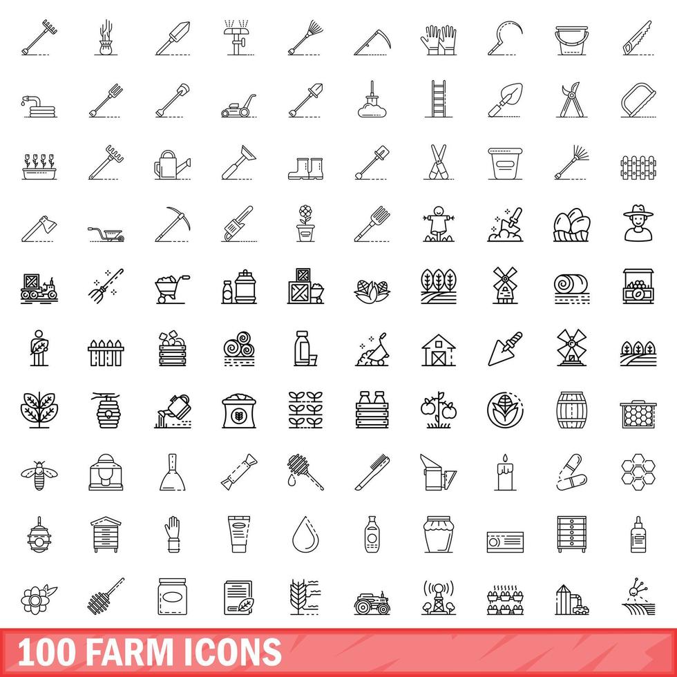 100 iconos de granja, estilo de esquema vector