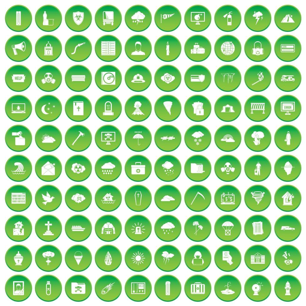 100 natural disasters icons set green circle vector