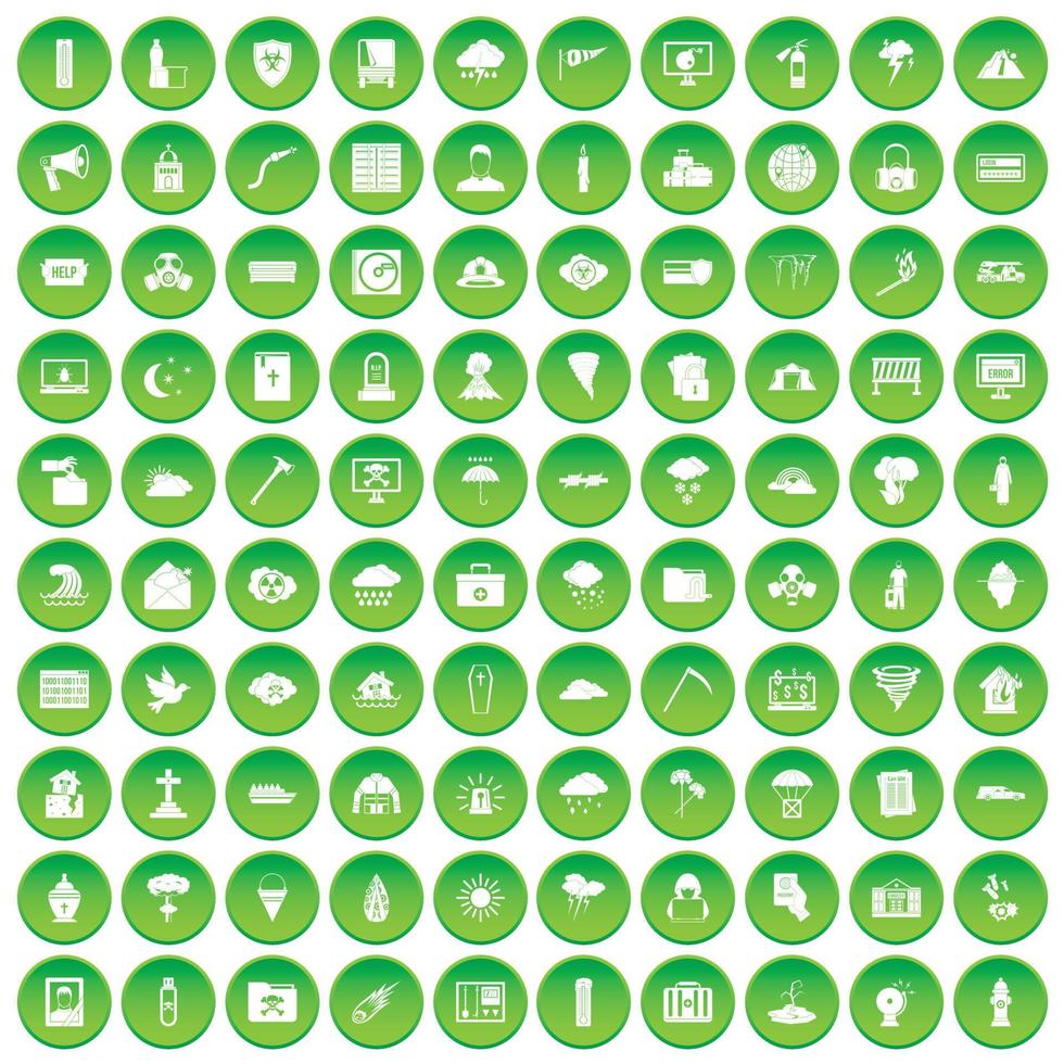 100 natural disasters icons set green circle vector