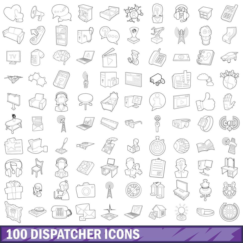 100 iconos de despachador establecidos, estilo de esquema vector