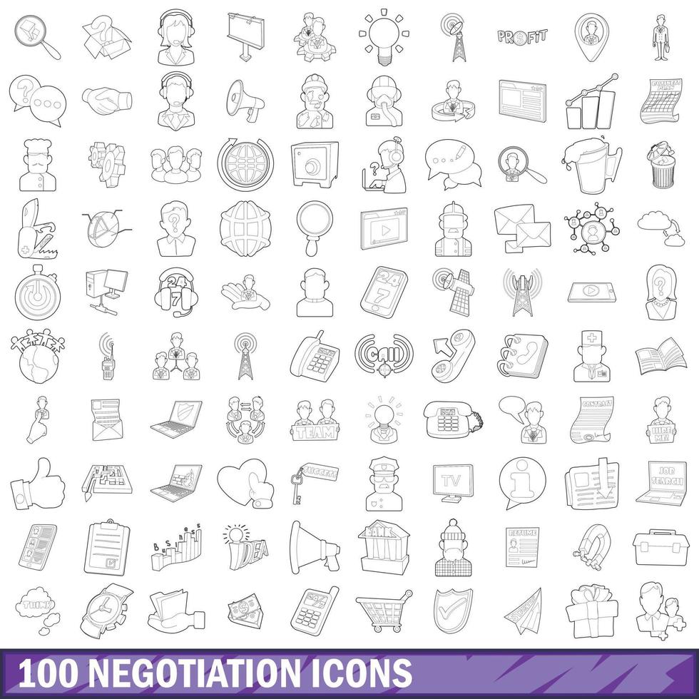100 conjunto de iconos de negociación, estilo de esquema vector