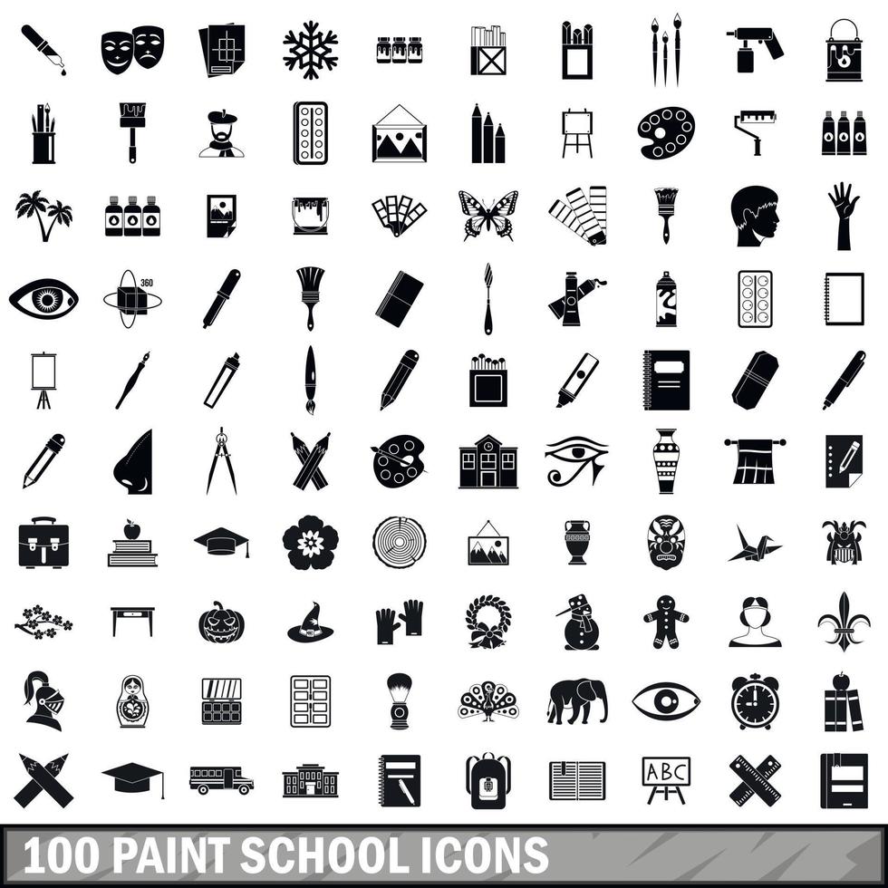 100 paint school icons set, simple style vector