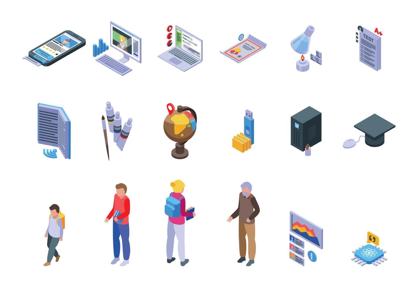 Learning management system icons set isometric vector. Laptop machine vector