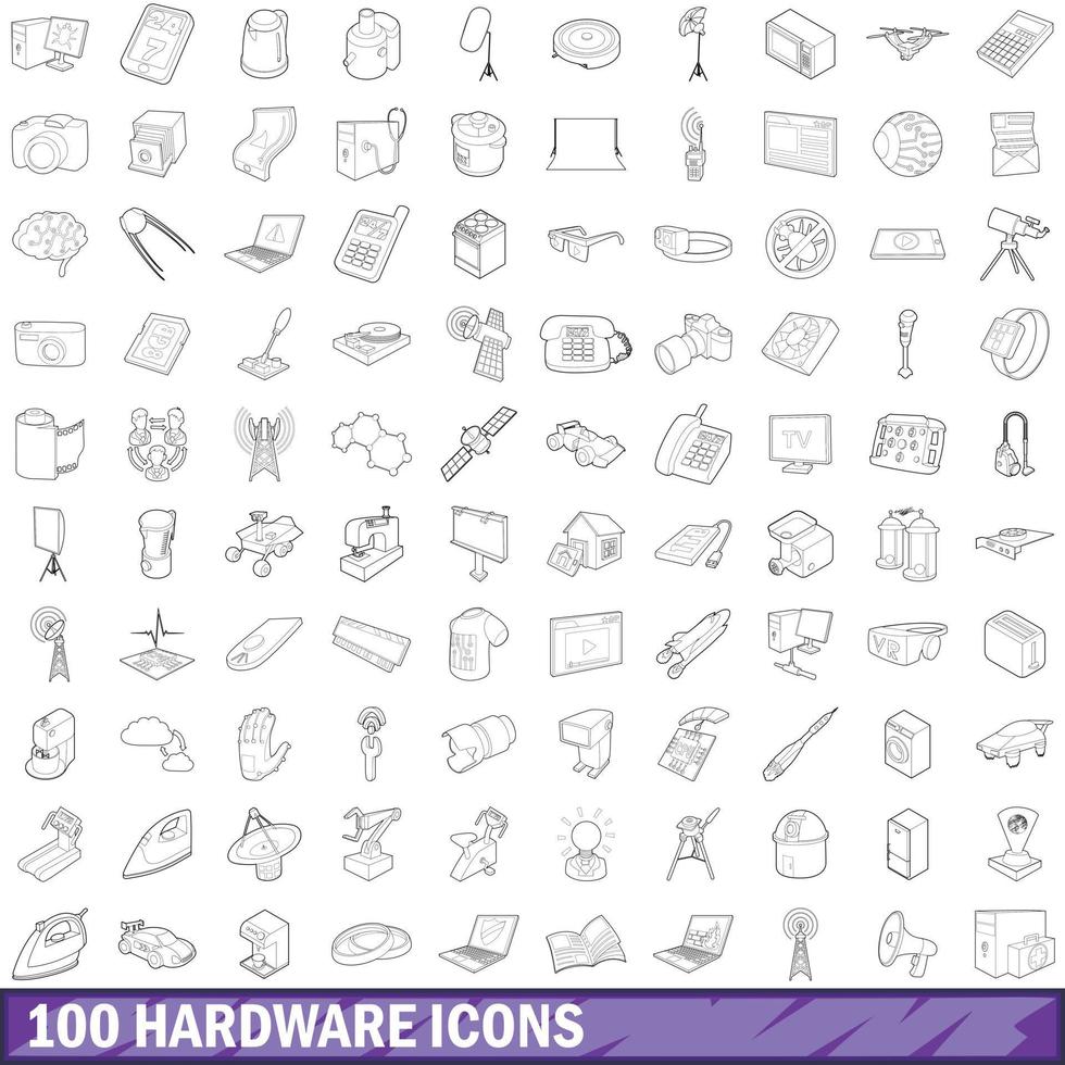 100 iconos de hardware establecidos, estilo de esquema vector