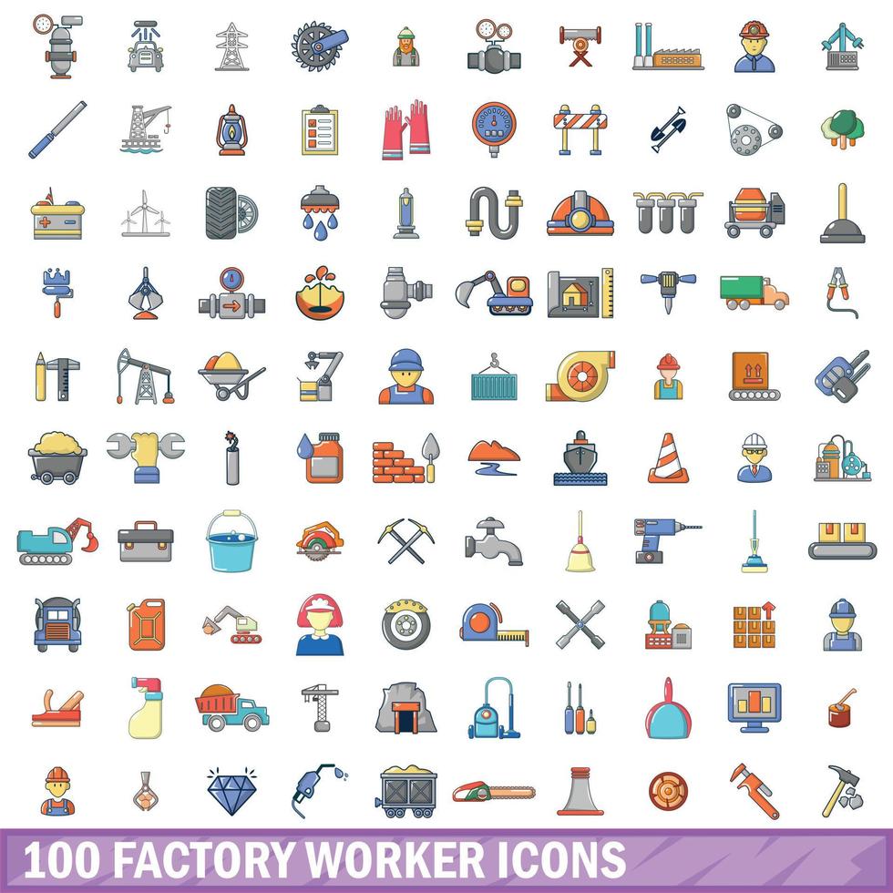 100 factory worker icons set, cartoon style vector