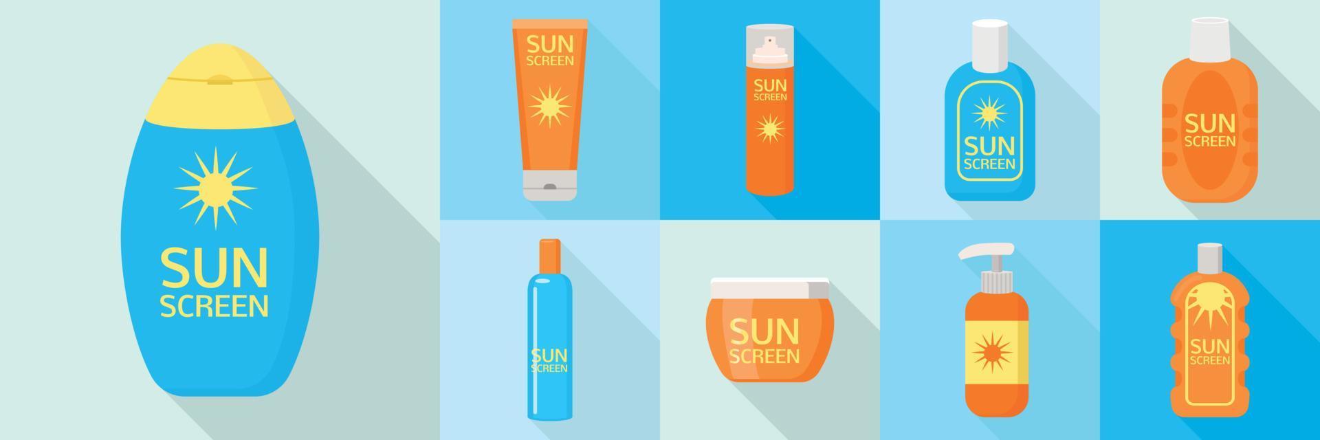 Sunscreen bottle icons set, flat style vector