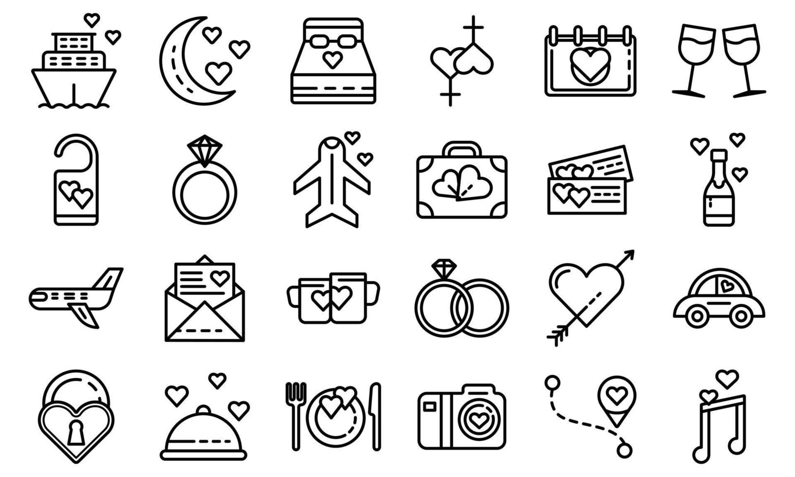 Honeymoon icons set, outline style vector