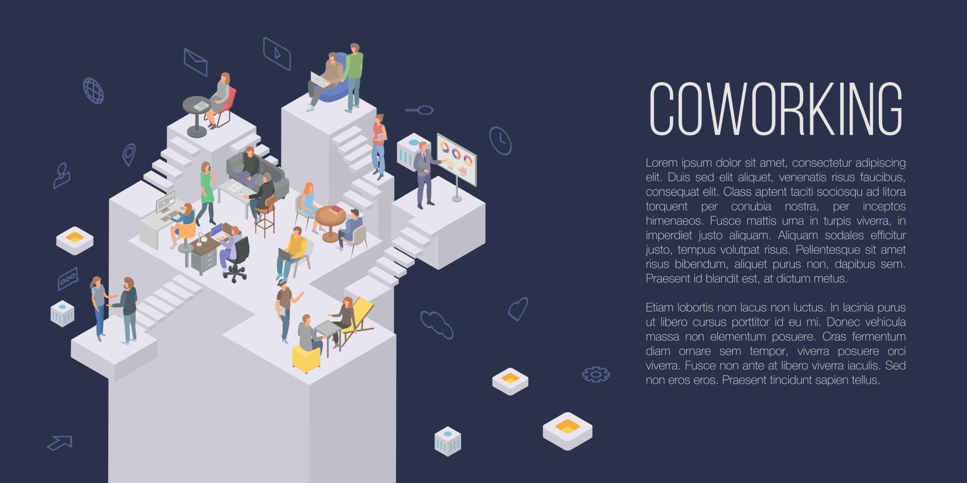 Fondo de concepto de oficina de coworking, estilo isométrico vector