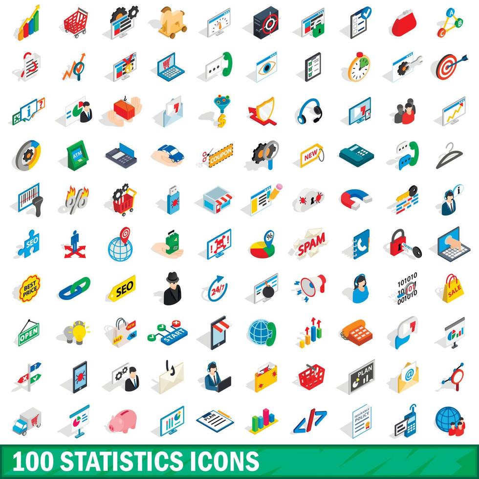 100 statistics icons set, isometric 3d style vector