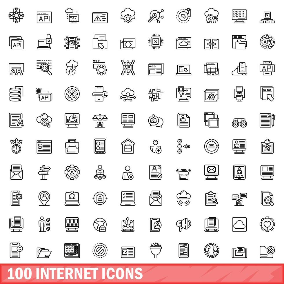 100 internet icons set, outline style vector