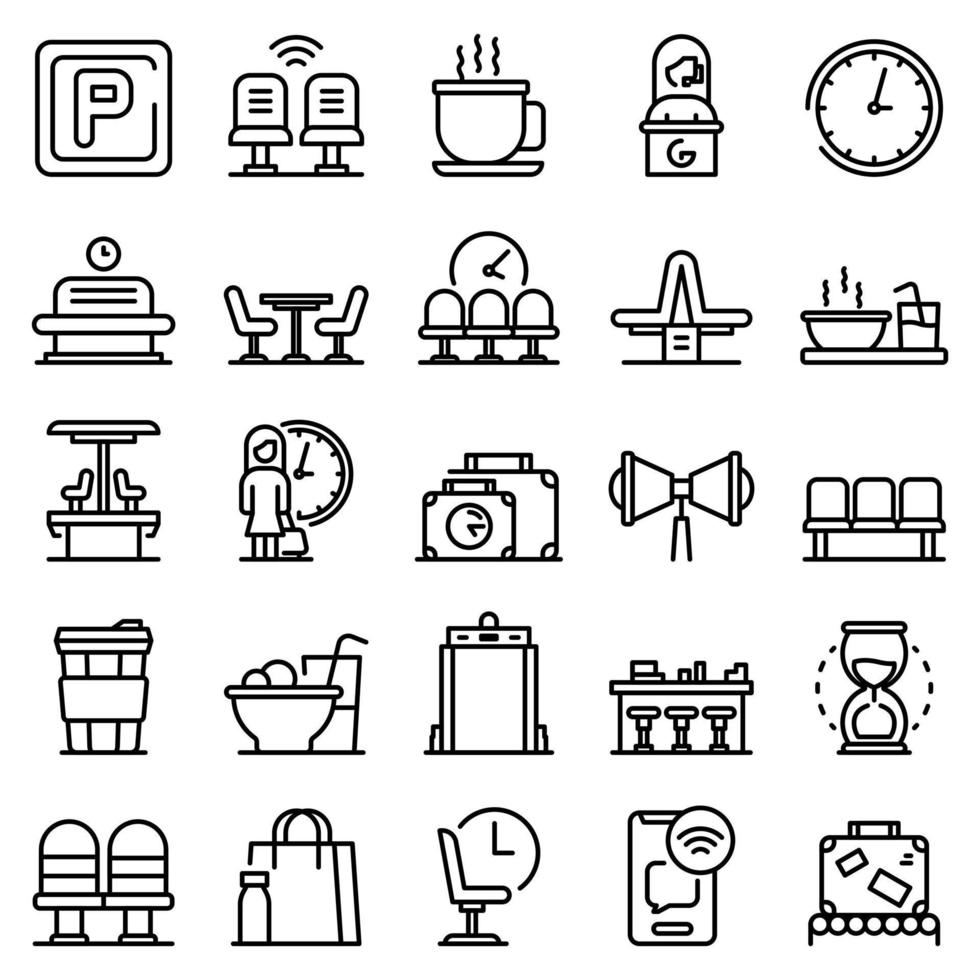 Waiting area icons set, outline style vector
