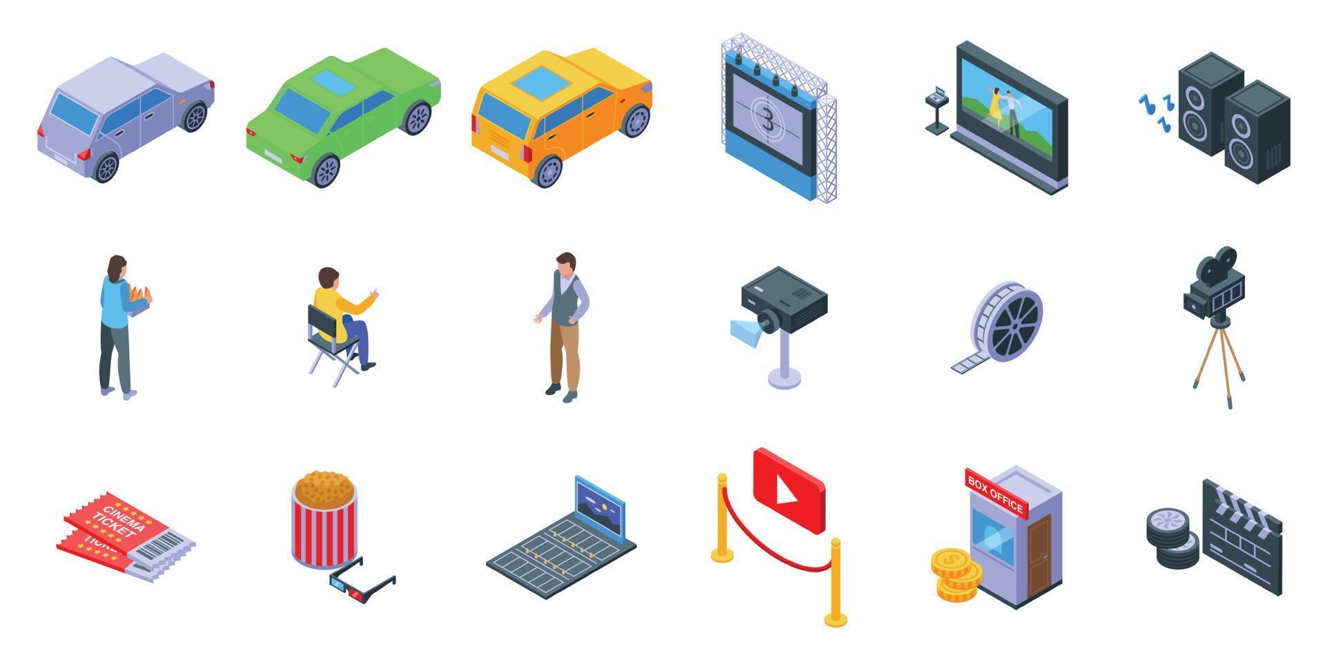 Drive-in cinema icons set isometric vector. Movie drive vector