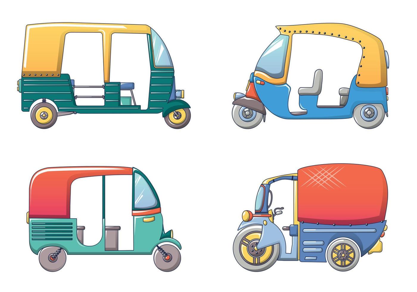 Tuk rickshaw Thailand icons set, cartoon style vector