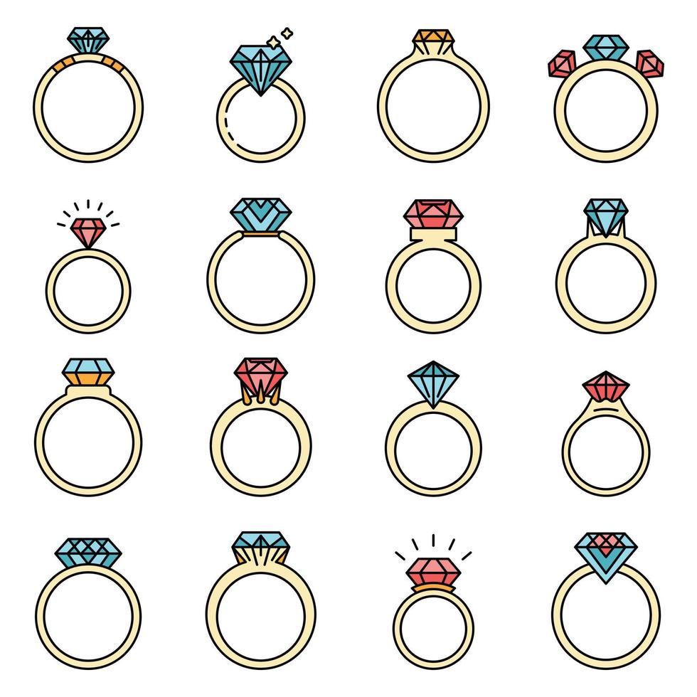 conjunto de iconos de anillo de diamantes vector plano