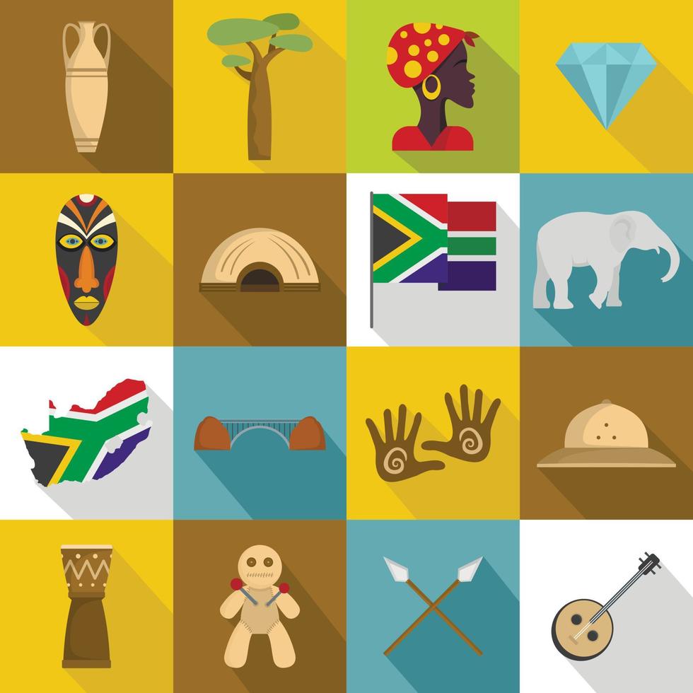 South Africa travel icons set, flat style vector