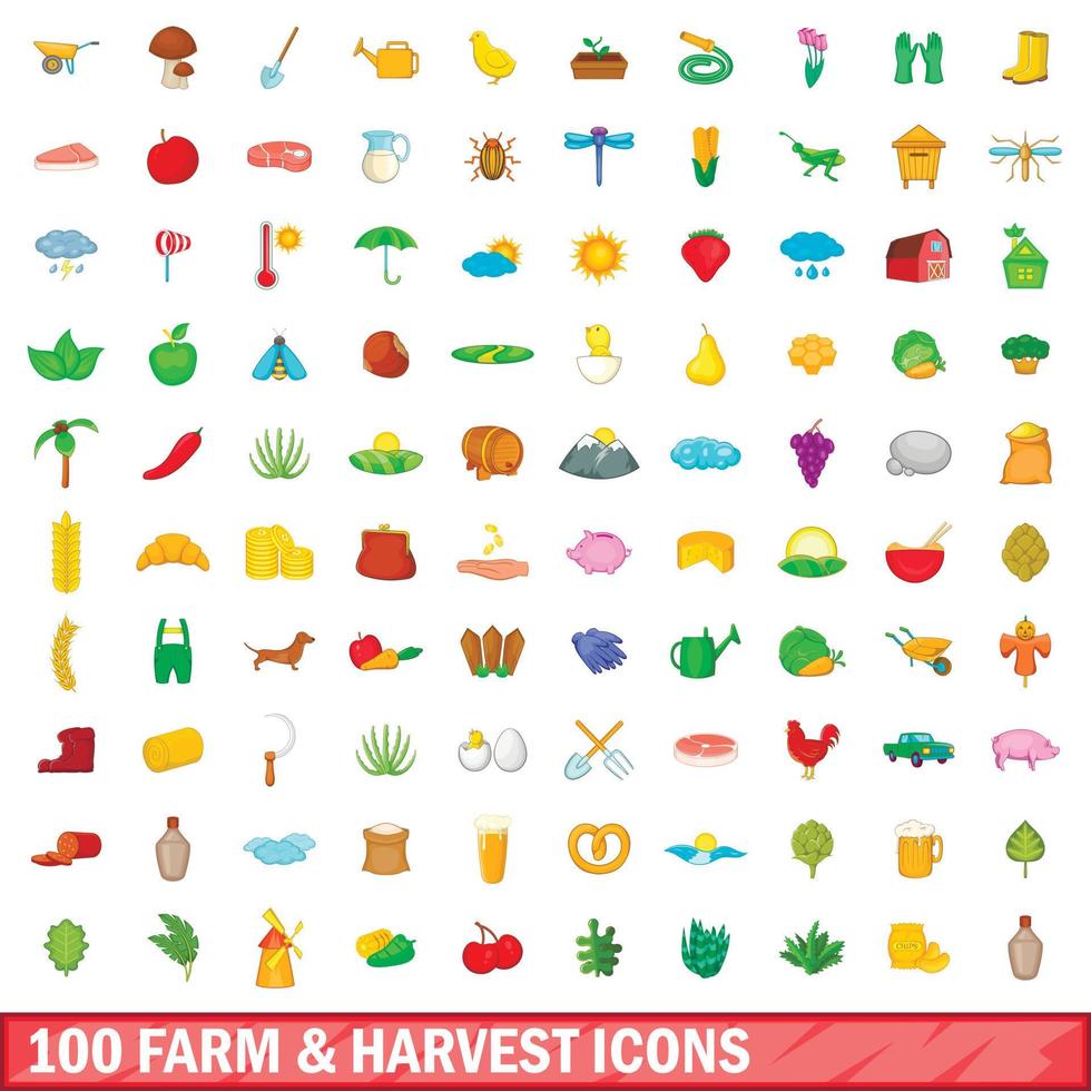 100 conjunto de iconos de granja y cosecha, estilo de dibujos animados vector